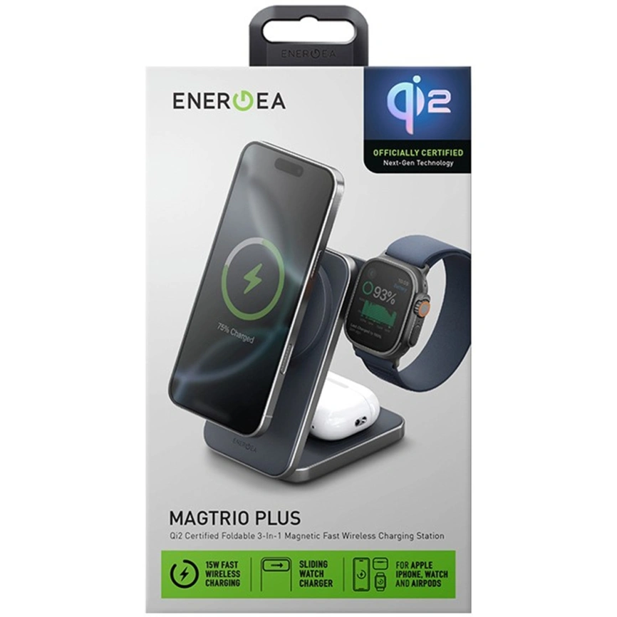 Беспроводное зарядное устройство EnergEA MagTrio Plus 3-in-1 Qi2 MagSafe Dark blue фото 5